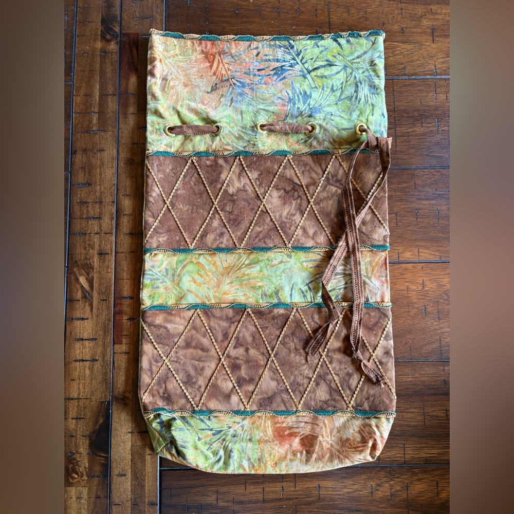 Handmade Batik Cotton Drawstring Bag Brown & Green - Hippie, Boho, Granola, NEW!